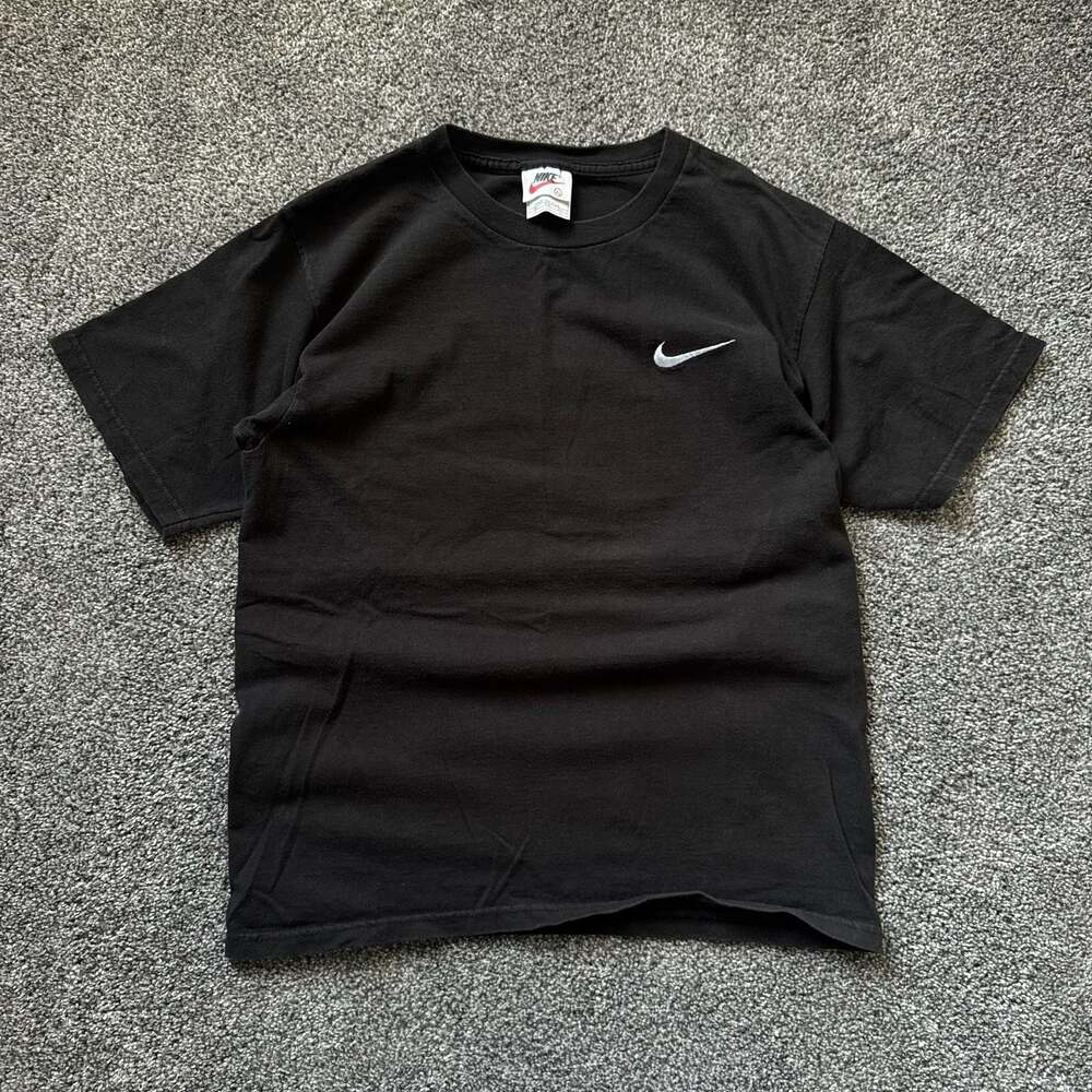 Vintage 90s Nike Made USA Embroidered Swoosh Black T Shirt Adult Small Tagged XL